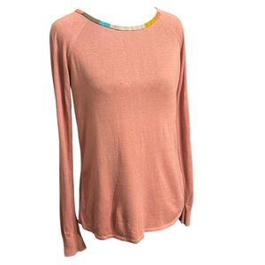 Boden Pink Silk and Cotton Crew Neck Sweater with Multicolor Trim Women’s Size 4